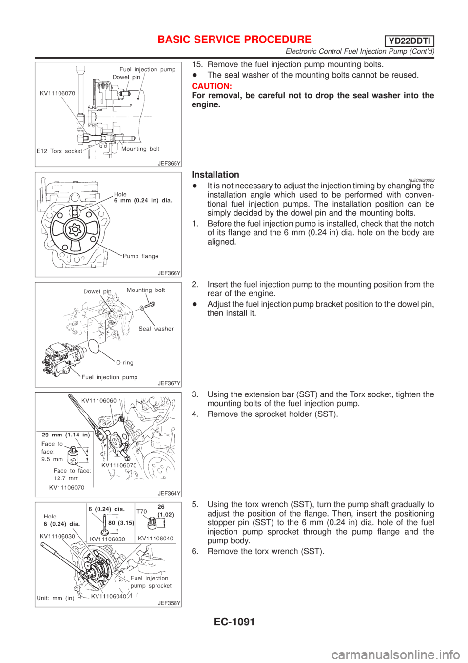 NISSAN ALMERA TINO 2001 Service Repair Manual JEF365Y
15. Remove the fuel injection pump mounting bolts.
+The seal washer of the mounting bolts cannot be reused.
CAUTION:
For removal, be careful not to drop the seal washer into the
engine.
JEF366 NISSAN ALMERA TINO 2001 Service Repair Manual JEF365Y
15. Remove the fuel injection pump mounting bolts.
+The seal washer of the mounting bolts cannot be reused.
CAUTION:
For removal, be careful not to drop the seal washer into the
engine.
JEF366