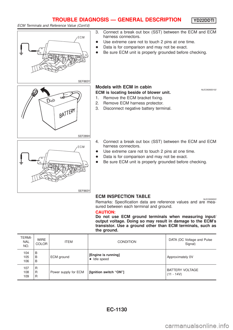 NISSAN ALMERA TINO 2001 Service Repair Manual SEF883Y
3. Connect a break out box (SST) between the ECM and ECM
harness connectors.
+Use extreme care not to touch 2 pins at one time.
+Data is for comparison and may not be exact.
+Be sure ECM unit NISSAN ALMERA TINO 2001 Service Repair Manual SEF883Y
3. Connect a break out box (SST) between the ECM and ECM
harness connectors.
+Use extreme care not to touch 2 pins at one time.
+Data is for comparison and may not be exact.
+Be sure ECM unit