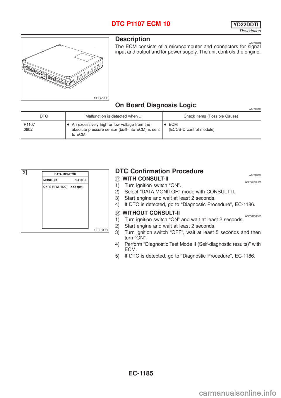 NISSAN ALMERA TINO 2001 Service Repair Manual SEC220B
DescriptionNLEC0734The ECM consists of a microcomputer and connectors for signal
input and output and for power supply. The unit controls the engine.
On Board Diagnosis LogicNLEC0735
DTC Malfu NISSAN ALMERA TINO 2001 Service Repair Manual SEC220B
DescriptionNLEC0734The ECM consists of a microcomputer and connectors for signal
input and output and for power supply. The unit controls the engine.
On Board Diagnosis LogicNLEC0735
DTC Malfu