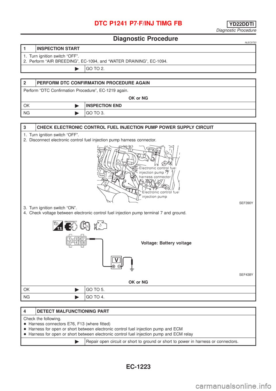 NISSAN ALMERA TINO 2001 Service Repair Manual Diagnostic ProcedureNLEC0733
1 INSPECTION START
1. Turn ignition switch ªOFFº.
2. Perform ªAIR BREEDINGº, EC-1094, and ªWATER DRAININGº, EC-1094.
©GO TO 2.
2 PERFORM DTC CONFIRMATION PROCEDURE NISSAN ALMERA TINO 2001 Service Repair Manual Diagnostic ProcedureNLEC0733
1 INSPECTION START
1. Turn ignition switch ªOFFº.
2. Perform ªAIR BREEDINGº, EC-1094, and ªWATER DRAININGº, EC-1094.
©GO TO 2.
2 PERFORM DTC CONFIRMATION PROCEDURE