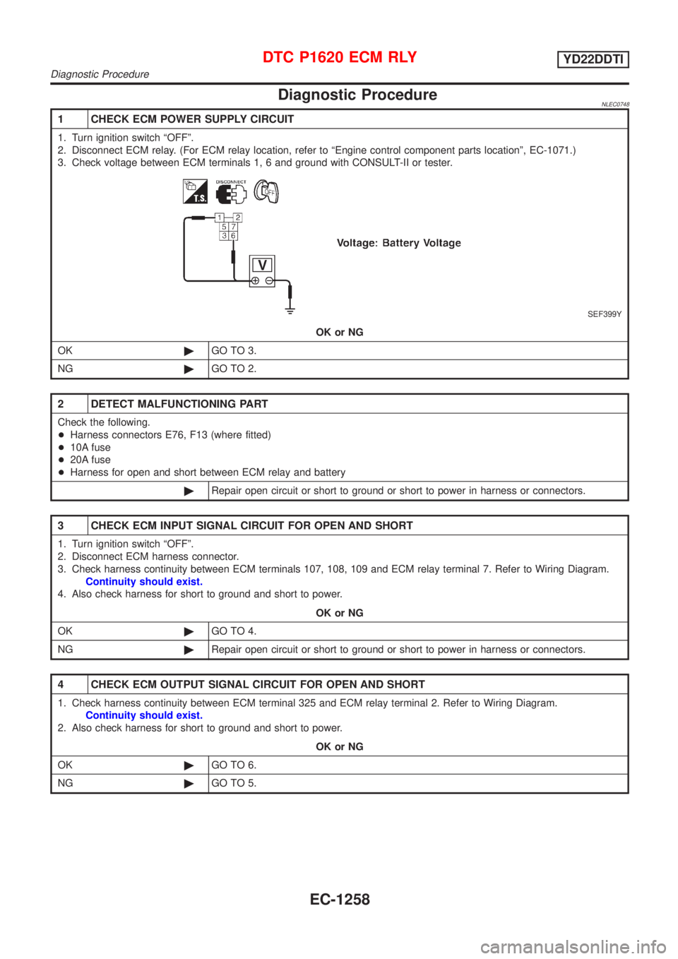NISSAN ALMERA TINO 2001 Service Repair Manual Diagnostic ProcedureNLEC0748
1 CHECK ECM POWER SUPPLY CIRCUIT
1. Turn ignition switch ªOFFº.
2. Disconnect ECM relay. (For ECM relay location, refer to ªEngine control component parts locationº, E NISSAN ALMERA TINO 2001 Service Repair Manual Diagnostic ProcedureNLEC0748
1 CHECK ECM POWER SUPPLY CIRCUIT
1. Turn ignition switch ªOFFº.
2. Disconnect ECM relay. (For ECM relay location, refer to ªEngine control component parts locationº, E