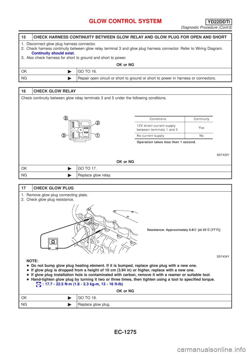 NISSAN ALMERA TINO 2001 Service Repair Manual 15 CHECK HARNESS CONTINUITY BETWEEN GLOW RELAY AND GLOW PLUG FOR OPEN AND SHORT
1. Disconnect glow plug harness connector.
2. Check harness continuity between glow relay terminal 3 and glow plug harne NISSAN ALMERA TINO 2001 Service Repair Manual 15 CHECK HARNESS CONTINUITY BETWEEN GLOW RELAY AND GLOW PLUG FOR OPEN AND SHORT
1. Disconnect glow plug harness connector.
2. Check harness continuity between glow relay terminal 3 and glow plug harne
