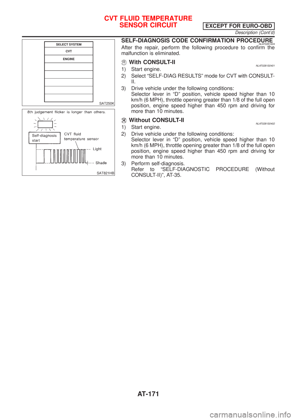 NISSAN ALMERA TINO 2001 Service Repair Manual SAT250K
SAT821HB
SELF-DIAGNOSIS CODE CONFIRMATION PROCEDURENLAT0281S04After the repair, perform the following procedure to confirm the
malfunction is eliminated.
With CONSULT-IINLAT0281S04011) Start e NISSAN ALMERA TINO 2001 Service Repair Manual SAT250K
SAT821HB
SELF-DIAGNOSIS CODE CONFIRMATION PROCEDURENLAT0281S04After the repair, perform the following procedure to confirm the
malfunction is eliminated.
With CONSULT-IINLAT0281S04011) Start e