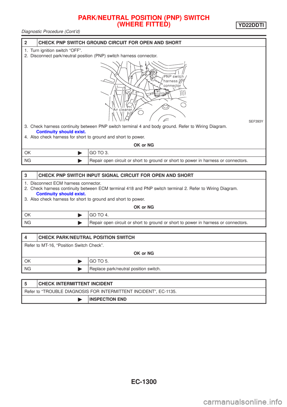 NISSAN ALMERA TINO 2001 Service Repair Manual 2 CHECK PNP SWITCH GROUND CIRCUIT FOR OPEN AND SHORT
1. Turn ignition switch ªOFFº.
2. Disconnect park/neutral position (PNP) switch harness connector.
SEF393Y
3. Check harness continuity between PN NISSAN ALMERA TINO 2001 Service Repair Manual 2 CHECK PNP SWITCH GROUND CIRCUIT FOR OPEN AND SHORT
1. Turn ignition switch ªOFFº.
2. Disconnect park/neutral position (PNP) switch harness connector.
SEF393Y
3. Check harness continuity between PN