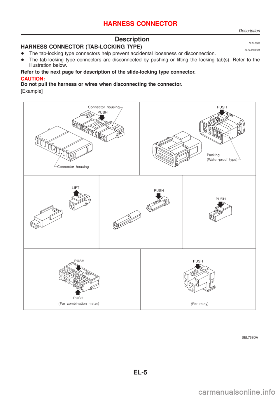 NISSAN ALMERA TINO 2001  Service Repair Manual DescriptionNLEL0003HARNESS CONNECTOR (TAB-LOCKING TYPE)NLEL0003S01+The tab-locking type connectors help prevent accidental looseness or disconnection.
+The tab-locking type connectors are disconnected