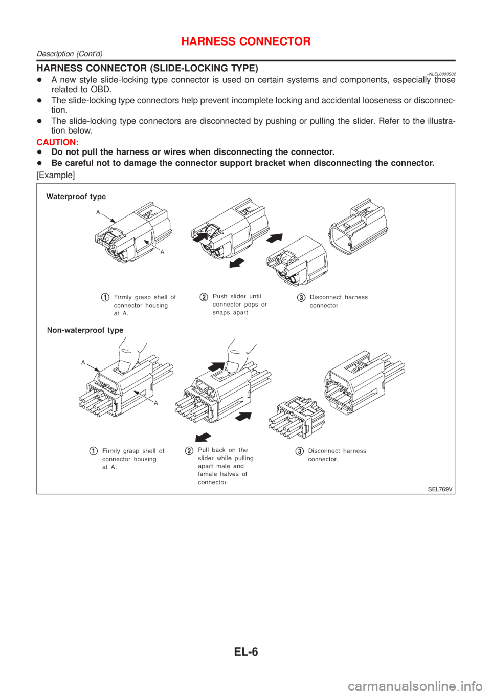 NISSAN ALMERA TINO 2001  Service Repair Manual HARNESS CONNECTOR (SLIDE-LOCKING TYPE)=NLEL0003S02+A new style slide-locking type connector is used on certain systems and components, especially those
related to OBD.
+The slide-locking type connecto