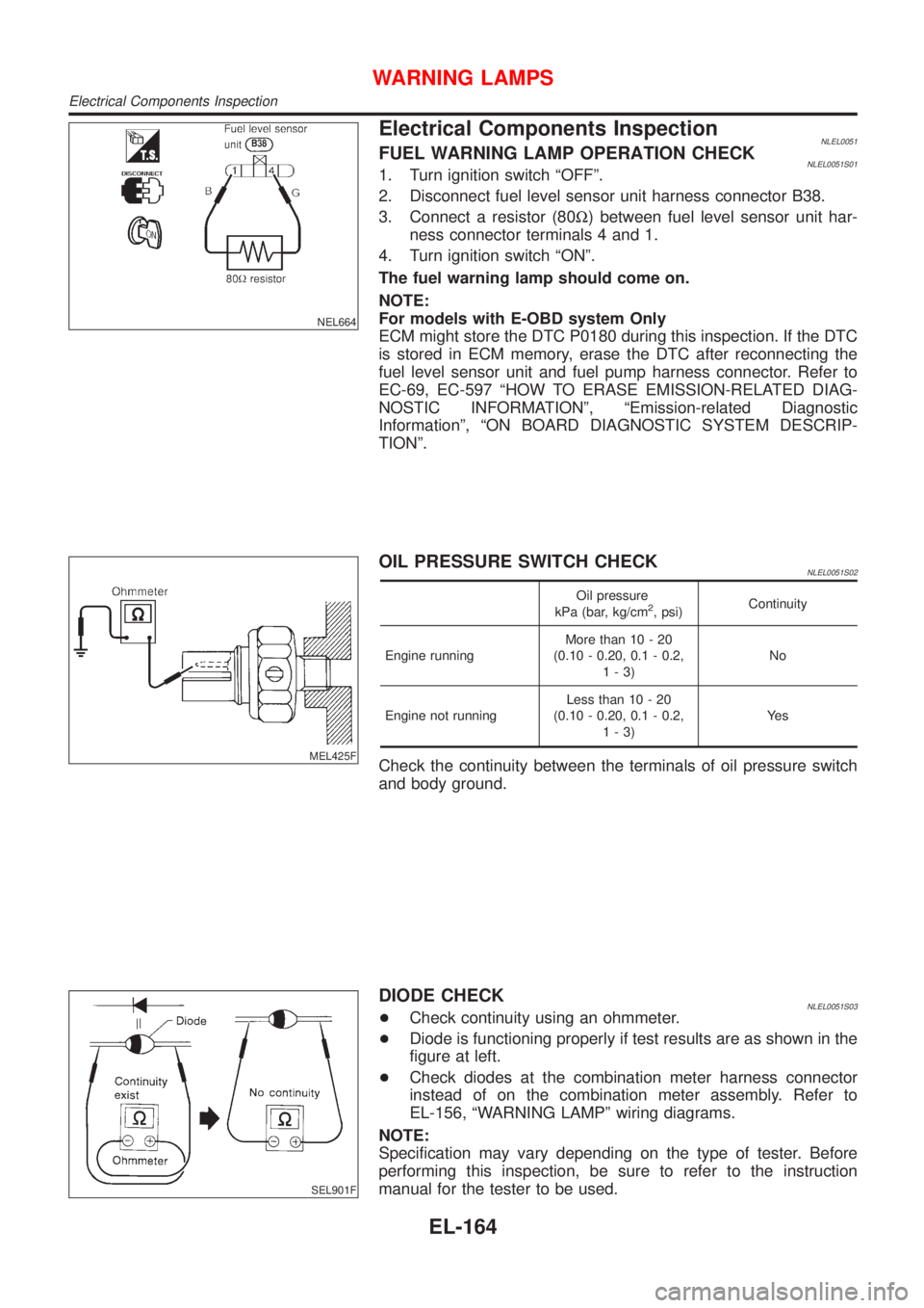 NISSAN ALMERA TINO 2001 Service Repair Manual NEL664
Electrical Components InspectionNLEL0051FUEL WARNING LAMP OPERATION CHECKNLEL0051S011. Turn ignition switch ªOFFº.
2. Disconnect fuel level sensor unit harness connector B38.
3. Connect a res NISSAN ALMERA TINO 2001 Service Repair Manual NEL664
Electrical Components InspectionNLEL0051FUEL WARNING LAMP OPERATION CHECKNLEL0051S011. Turn ignition switch ªOFFº.
2. Disconnect fuel level sensor unit harness connector B38.
3. Connect a res