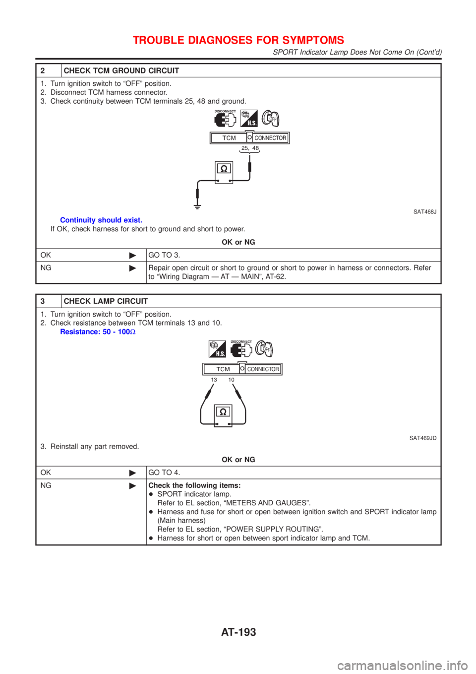 NISSAN ALMERA TINO 2001  Service Repair Manual 2 CHECK TCM GROUND CIRCUIT
1. Turn ignition switch to ªOFFº position.
2. Disconnect TCM harness connector.
3. Check continuity between TCM terminals 25, 48 and ground.
SAT468J
Continuity should exis