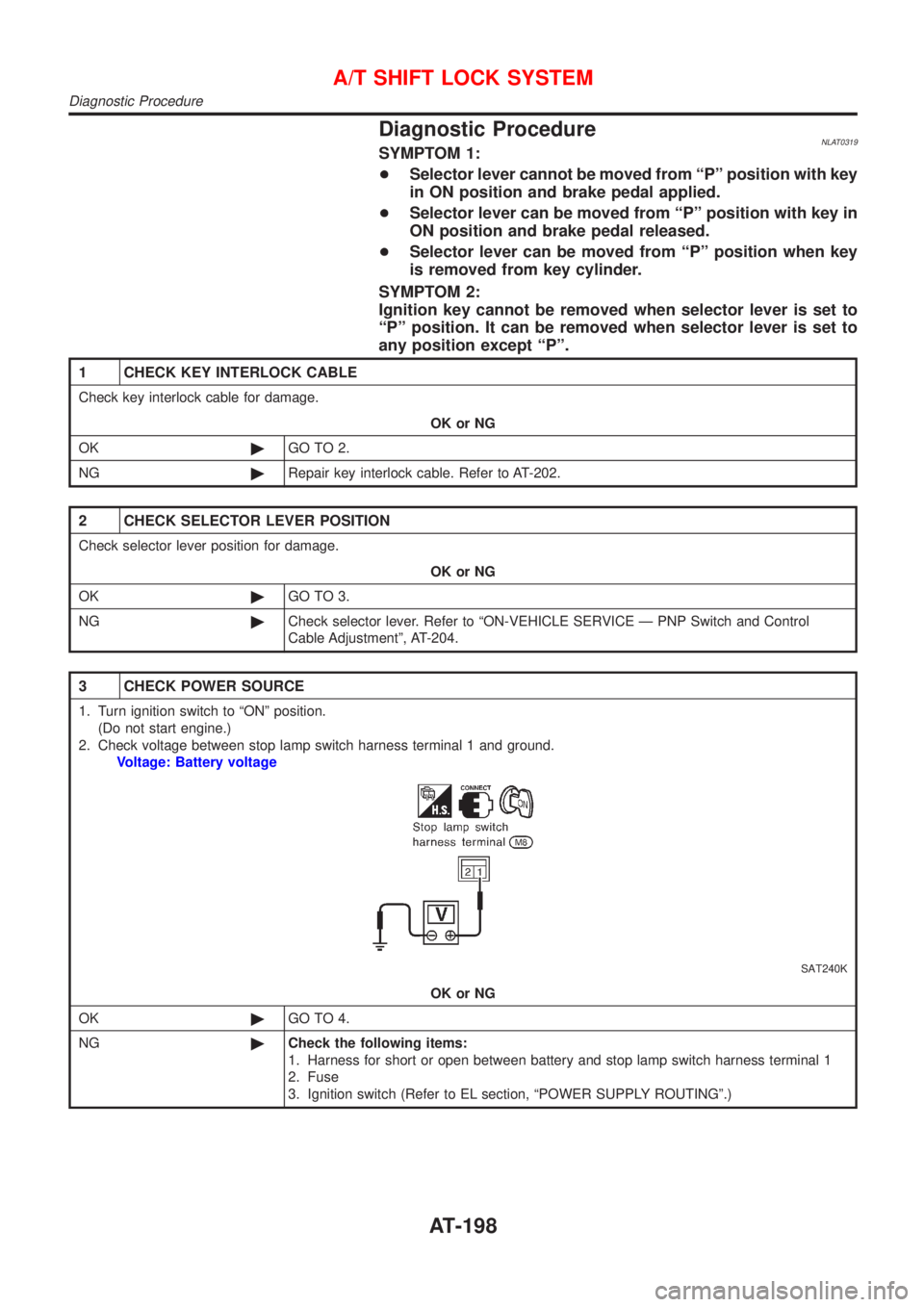 NISSAN ALMERA TINO 2001  Service Repair Manual Diagnostic ProcedureNLAT0319SYMPTOM 1:
+Selector lever cannot be moved from ªPº position with key
in ON position and brake pedal applied.
+Selector lever can be moved from ªPº position with key in