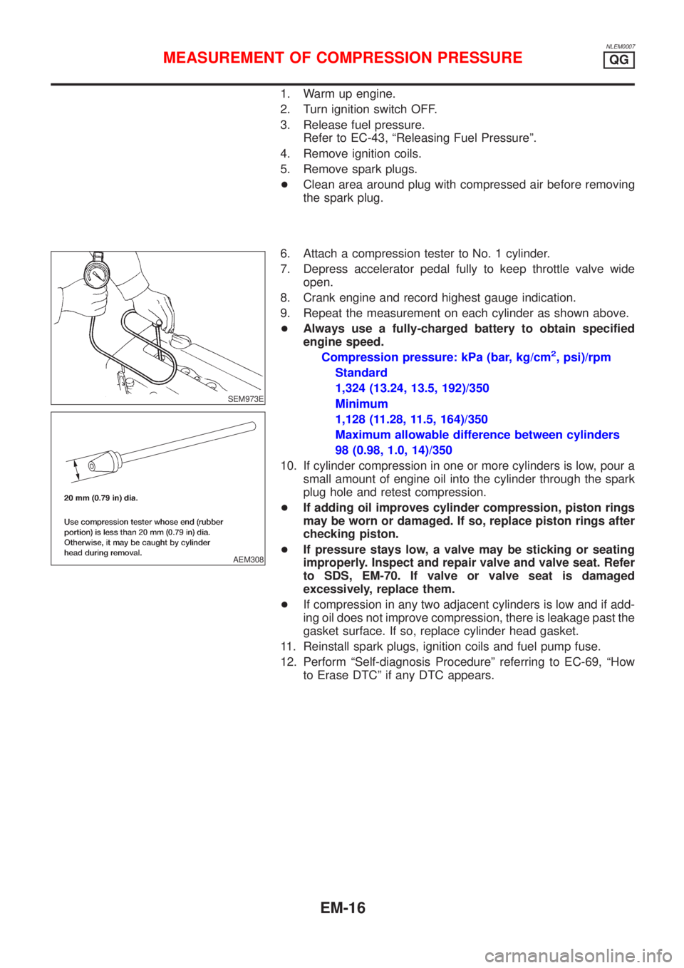 NISSAN ALMERA TINO 2001 Service Repair Manual NLEM0007
1. Warm up engine.
2. Turn ignition switch OFF.
3. Release fuel pressure.
Refer to EC-43, ªReleasing Fuel Pressureº.
4. Remove ignition coils.
5. Remove spark plugs.
+Clean area around plug NISSAN ALMERA TINO 2001 Service Repair Manual NLEM0007
1. Warm up engine.
2. Turn ignition switch OFF.
3. Release fuel pressure.
Refer to EC-43, ªReleasing Fuel Pressureº.
4. Remove ignition coils.
5. Remove spark plugs.
+Clean area around plug