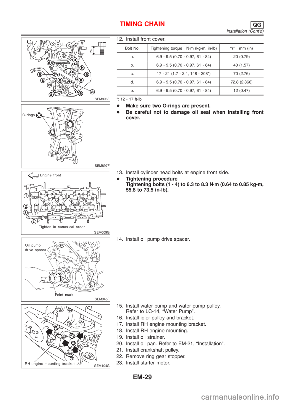 NISSAN ALMERA TINO 2001  Service Repair Manual SEM896F
12. Install front cover.
Bolt No. Tightening torque N´m (kg-m, in-lb) ª!º mm (in)
a. 6.9 - 9.5 (0.70 - 0.97, 61 - 84) 20 (0.79)
b. 6.9 - 9.5 (0.70 - 0.97, 61 - 84) 40 (1.57)
c. 17 - 24 (1.7
