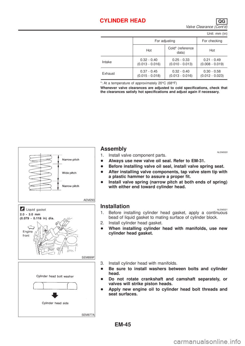 NISSAN ALMERA TINO 2001  Service Repair Manual Unit: mm (in)
For adjusting For checking
HotCold* (reference
data)Hot
Intake0.32 - 0.40
(0.013 - 0.016)0.25 - 0.33
(0.010 - 0.013)0.21 - 0.49
(0.008 - 0.019)
Exhaust0.37 - 0.45
(0.015 - 0.018)0.32 - 0