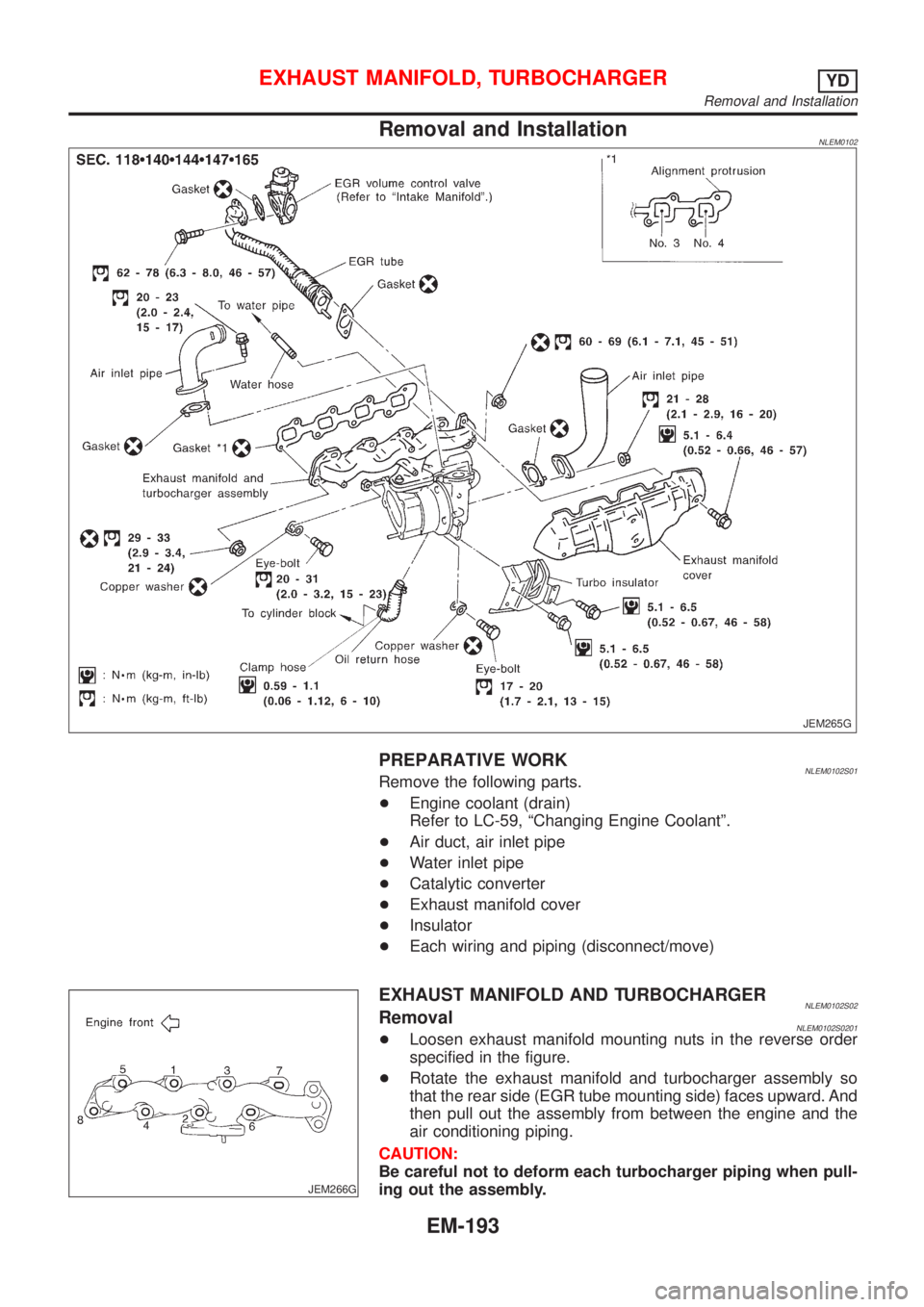 NISSAN ALMERA TINO 2001  Service Repair Manual Removal and InstallationNLEM0102
JEM265G
PREPARATIVE WORKNLEM0102S01Remove the following parts.
+Engine coolant (drain)
Refer to LC-59, ªChanging Engine Coolantº.
+Air duct, air inlet pipe
+Water in