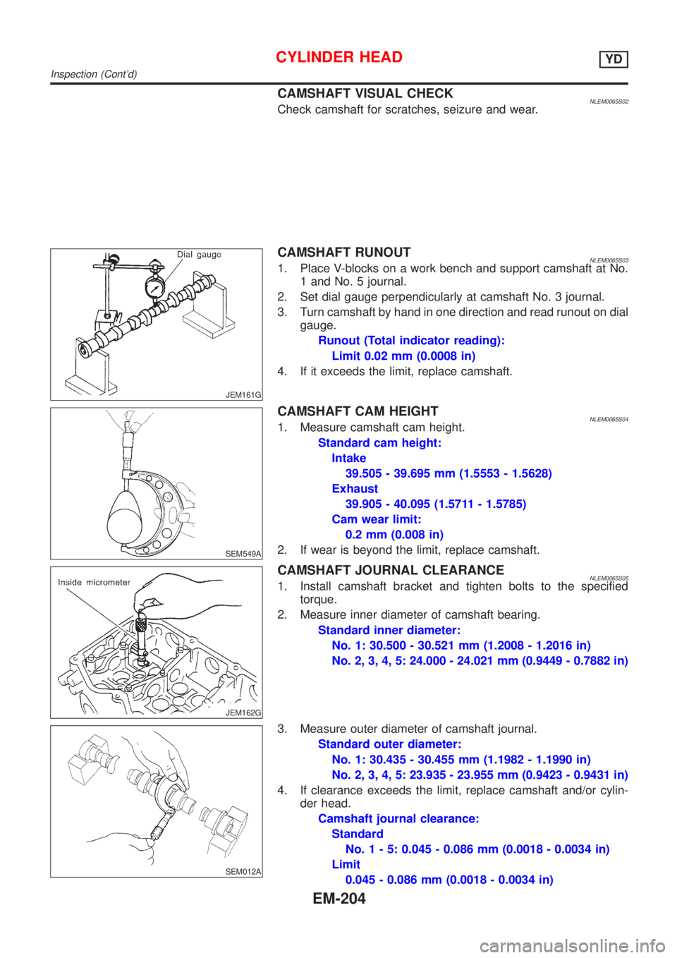 NISSAN ALMERA TINO 2001 Service Repair Manual CAMSHAFT VISUAL CHECKNLEM0065S02Check camshaft for scratches, seizure and wear.
JEM161G
CAMSHAFT RUNOUTNLEM0065S031. Place V-blocks on a work bench and support camshaft at No.
1 and No. 5 journal.
2. NISSAN ALMERA TINO 2001 Service Repair Manual CAMSHAFT VISUAL CHECKNLEM0065S02Check camshaft for scratches, seizure and wear.
JEM161G
CAMSHAFT RUNOUTNLEM0065S031. Place V-blocks on a work bench and support camshaft at No.
1 and No. 5 journal.
2.