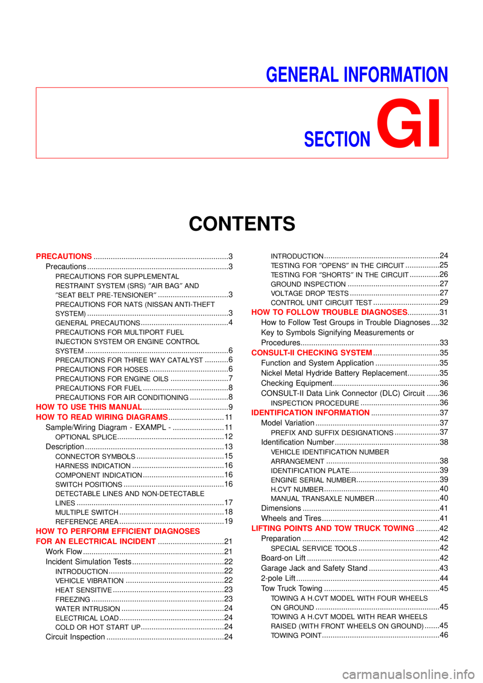 NISSAN ALMERA TINO 2001  Service Repair Manual GENERAL INFORMATION
SECTION
GI
CONTENTS
PRECAUTIONS...............................................................3
Precautions ..................................................................3
PREC