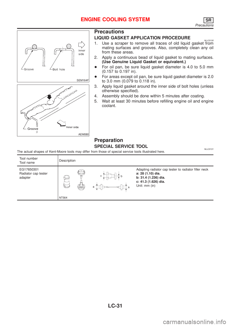NISSAN ALMERA TINO 2001 Service Repair Manual SEM164F
AEM080
Precautions
LIQUID GASKET APPLICATION PROCEDURENLLC01301. Use a scraper to remove all traces of old liquid gasket from
mating surfaces and grooves. Also, completely clean any oil
from t NISSAN ALMERA TINO 2001 Service Repair Manual SEM164F
AEM080
Precautions
LIQUID GASKET APPLICATION PROCEDURENLLC01301. Use a scraper to remove all traces of old liquid gasket from
mating surfaces and grooves. Also, completely clean any oil
from t