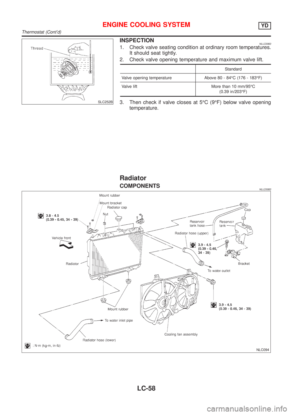 NISSAN ALMERA TINO 2001  Service Repair Manual SLC252B
INSPECTIONNLLC00601. Check valve seating condition at ordinary room temperatures.
It should seat tightly.
2. Check valve opening temperature and maximum valve lift.
Standard
Valve opening temp