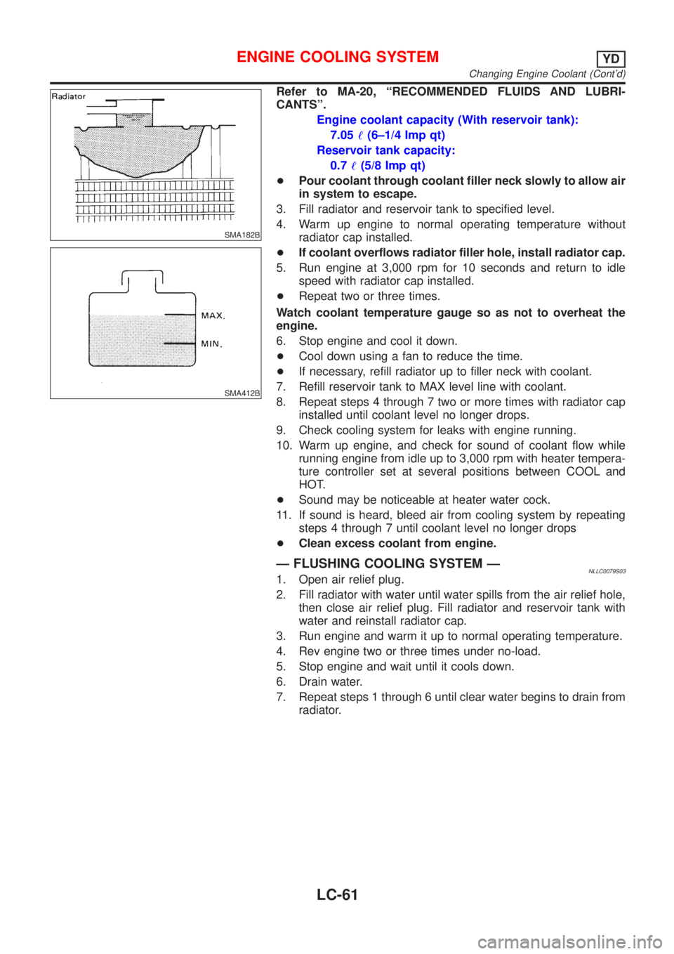NISSAN ALMERA TINO 2001 Service Repair Manual SMA182B
SMA412B
Refer to MA-20, ªRECOMMENDED FLUIDS AND LUBRI-
CANTSº.
Engine coolant capacity (With reservoir tank):
7.05!(6±1/4 Imp qt)
Reservoir tank capacity:
0.7!(5/8 Imp qt)
+Pour coolant thr NISSAN ALMERA TINO 2001 Service Repair Manual SMA182B
SMA412B
Refer to MA-20, ªRECOMMENDED FLUIDS AND LUBRI-
CANTSº.
Engine coolant capacity (With reservoir tank):
7.05!(6±1/4 Imp qt)
Reservoir tank capacity:
0.7!(5/8 Imp qt)
+Pour coolant thr