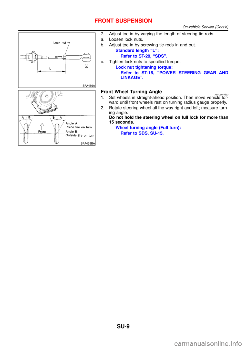 NISSAN ALMERA TINO 2001  Service Repair Manual SFA486A
7. Adjust toe-in by varying the length of steering tie-rods.
a. Loosen lock nuts.
b. Adjust toe-in by screwing tie-rods in and out.
Standard length“L”:
Refer to ST-28,“SDS”.
c. Tighten