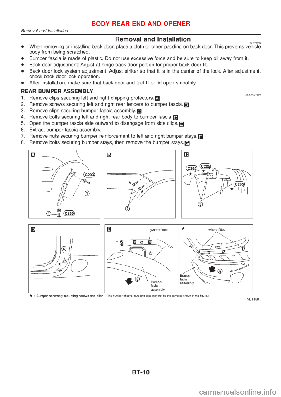 NISSAN ALMERA TINO 2001  Service Repair Manual Removal and InstallationNLBT0034+When removing or installing back door, place a cloth or other padding on back door. This prevents vehicle
body from being scratched.
+Bumper fascia is made of plastic.