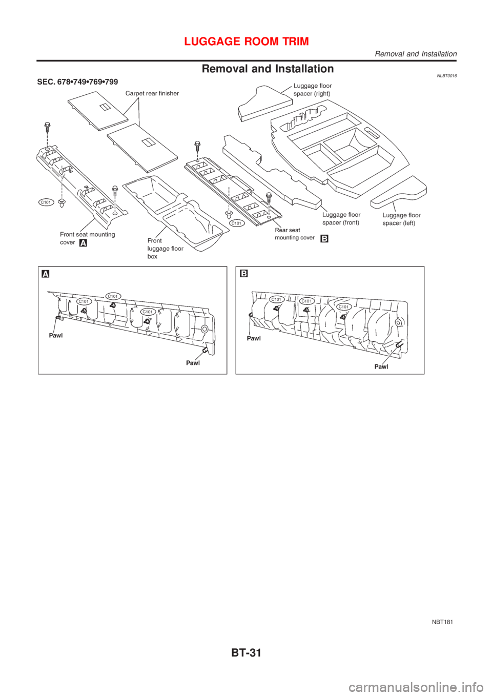 NISSAN ALMERA TINO 2001  Service Repair Manual Removal and InstallationNLBT0016
NBT181
LUGGAGE ROOM TRIM
Removal and Installation
BT-31 