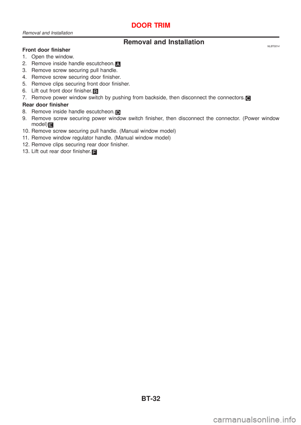 NISSAN ALMERA TINO 2001  Service Repair Manual Removal and InstallationNLBT0014Front door finisher
1. Open the window.
2. Remove inside handle escutcheon.
3. Remove screw securing pull handle.
4. Remove screw securing door finisher.
5. Remove clip