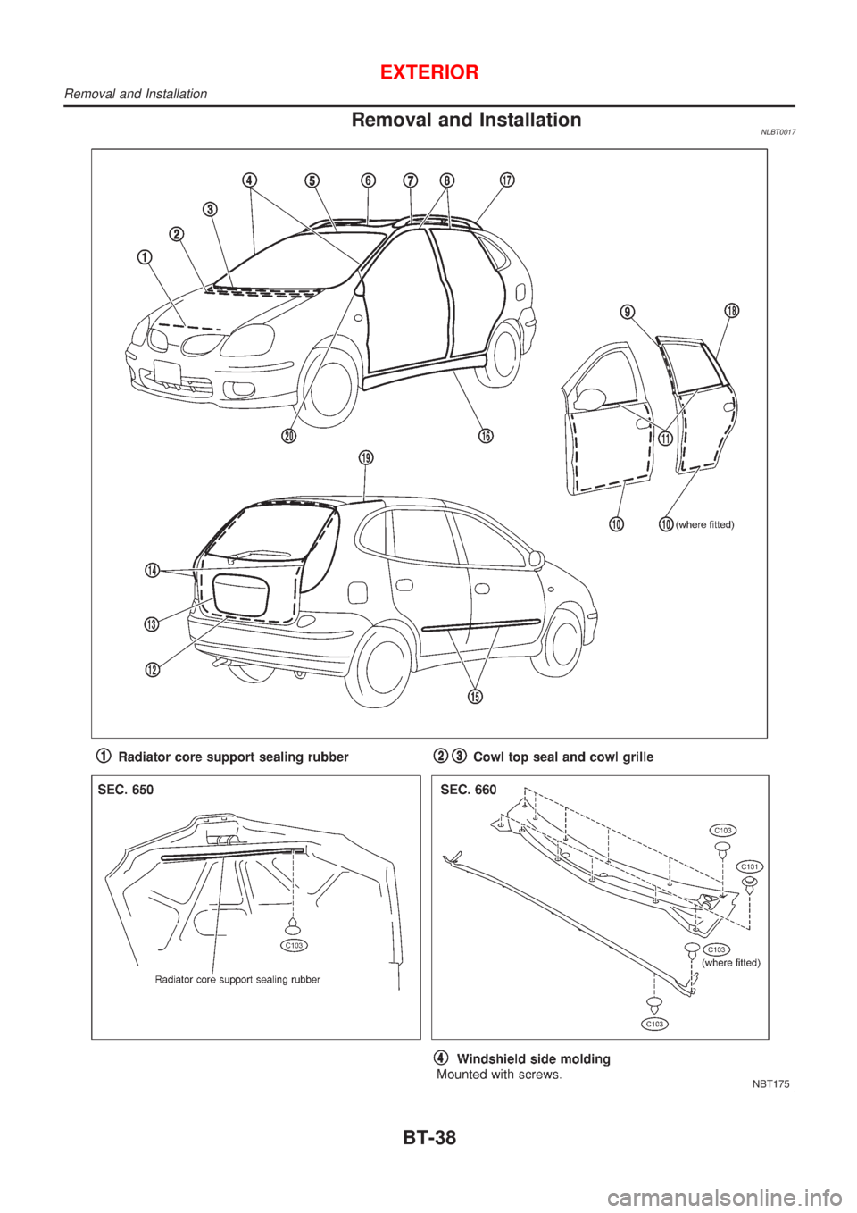 NISSAN ALMERA TINO 2001  Service Repair Manual Removal and InstallationNLBT0017
NBT175
EXTERIOR
Removal and Installation
BT-38 