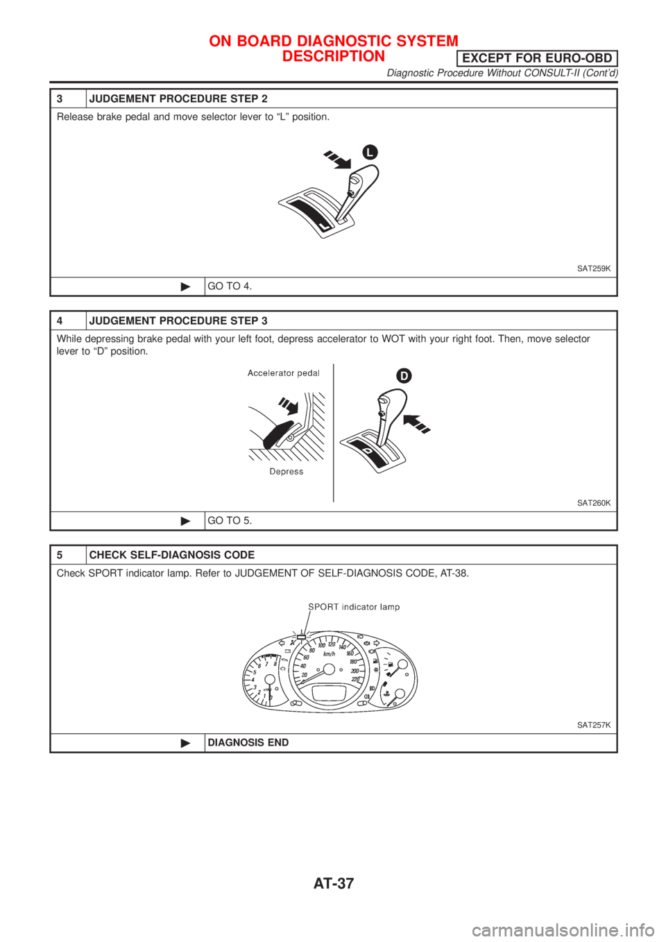 NISSAN ALMERA TINO 2001  Service Repair Manual 3 JUDGEMENT PROCEDURE STEP 2
Release brake pedal and move selector lever to ªLº position.
SAT259K
©GO TO 4.
4 JUDGEMENT PROCEDURE STEP 3
While depressing brake pedal with your left foot, depress ac