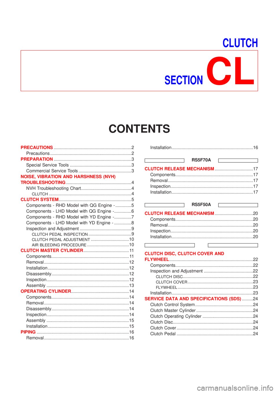 NISSAN ALMERA TINO 2001  Service Repair Manual CLUTCH
SECTION
CL
CONTENTS
PRECAUTIONS...............................................................2
Precautions ..................................................................2
PREPARATION......