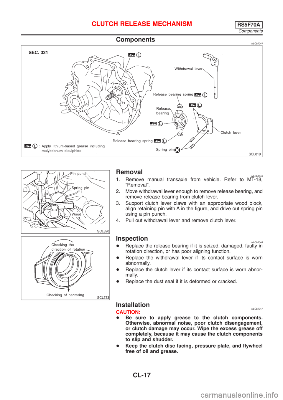 NISSAN ALMERA TINO 2001  Service Repair Manual ComponentsNLCL0044
SCL819
SCL820
RemovalNLCL00451. Remove manual transaxle from vehicle. Refer to MT-18,
ªRemovalº.
2. Move withdrawal lever enough to remove release bearing, and
remove release bear