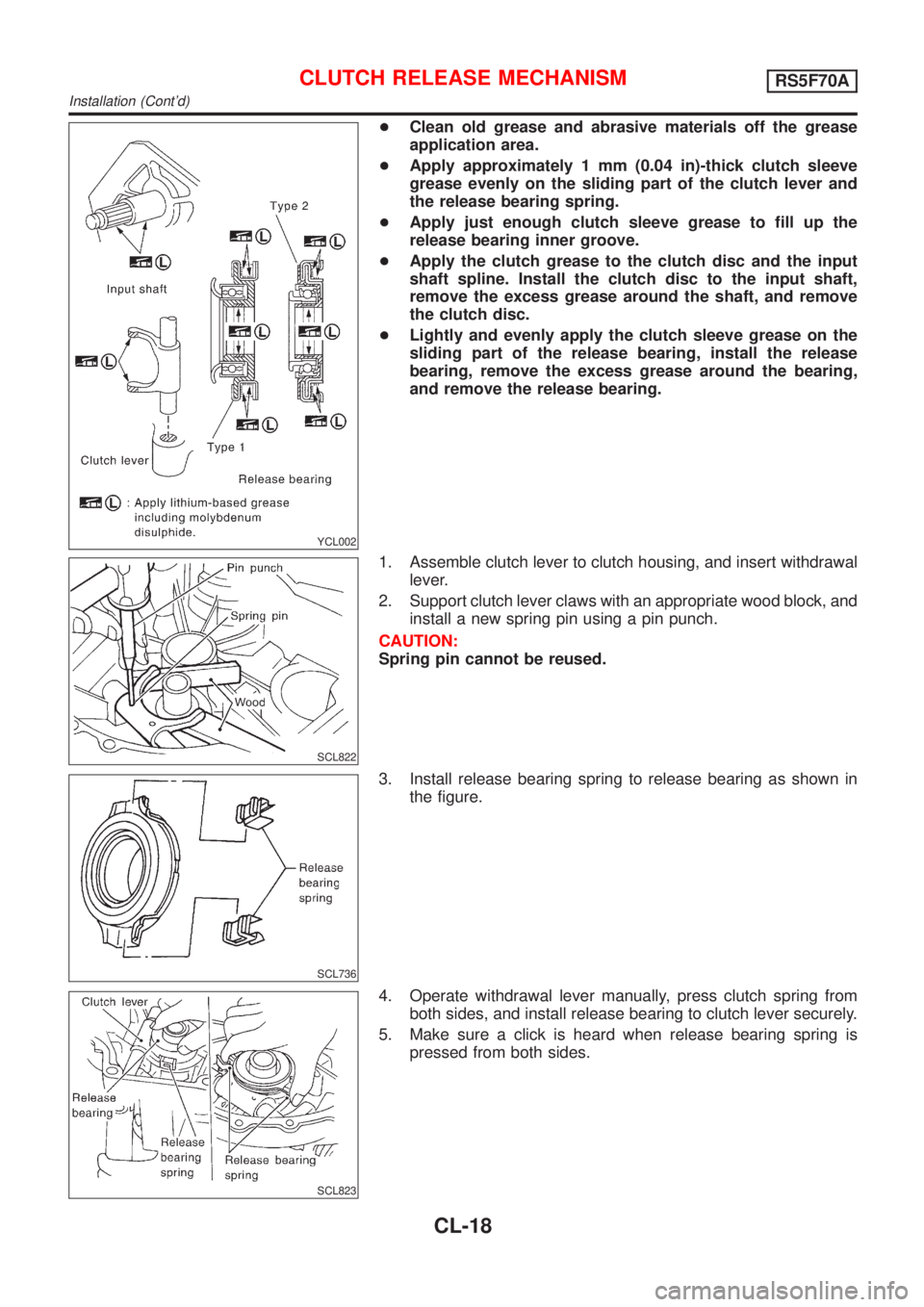 NISSAN ALMERA TINO 2001  Service Repair Manual YCL002
+Clean old grease and abrasive materials off the grease
application area.
+Apply approximately 1 mm (0.04 in)-thick clutch sleeve
grease evenly on the sliding part of the clutch lever and
the r