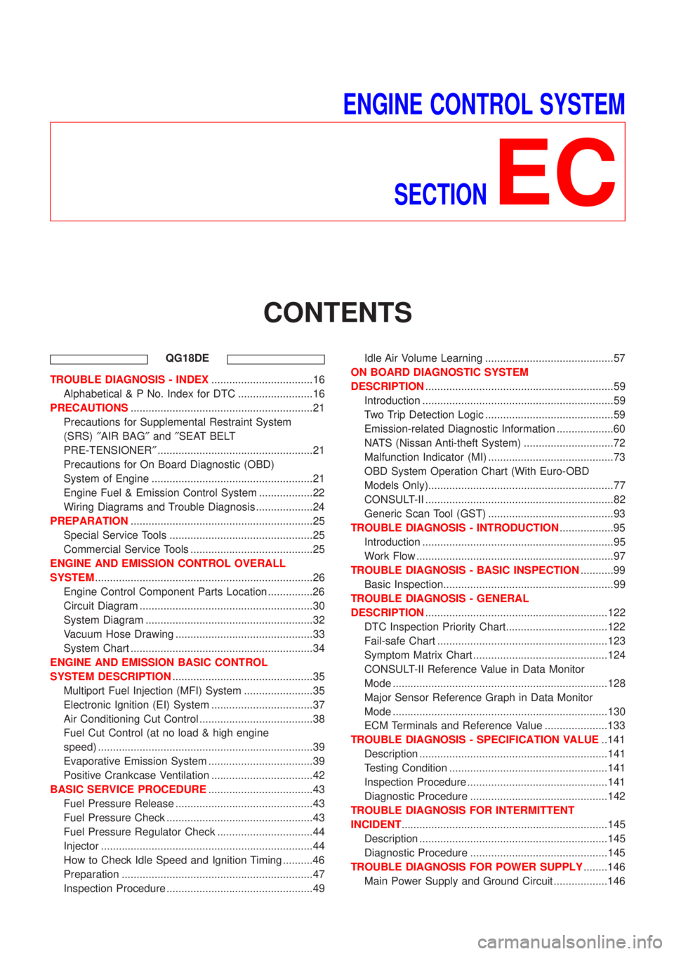 NISSAN ALMERA TINO 2001  Service Repair Manual ENGINE CONTROL SYSTEM
SECTION
EC
CONTENTS
QG18DE
TROUBLE DIAGNOSIS - INDEX..................................16
Alphabetical & P No. Index for DTC .........................16
PRECAUTIONS...............