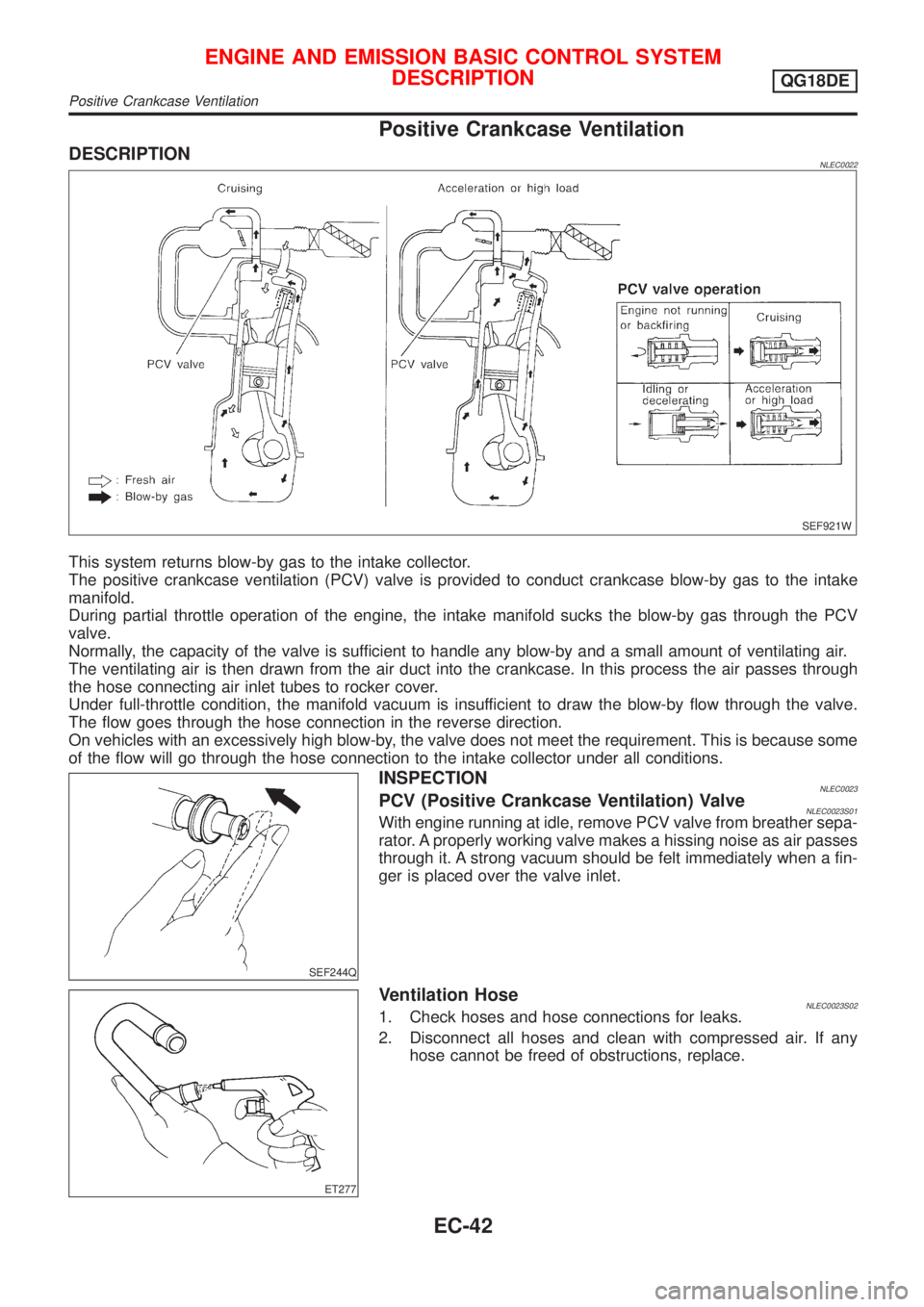 NISSAN ALMERA TINO 2001 Service Repair Manual Positive Crankcase Ventilation
DESCRIPTIONNLEC0022
SEF921W
This system returns blow-by gas to the intake collector.
The positive crankcase ventilation (PCV) valve is provided to conduct crankcase blow NISSAN ALMERA TINO 2001 Service Repair Manual Positive Crankcase Ventilation
DESCRIPTIONNLEC0022
SEF921W
This system returns blow-by gas to the intake collector.
The positive crankcase ventilation (PCV) valve is provided to conduct crankcase blow