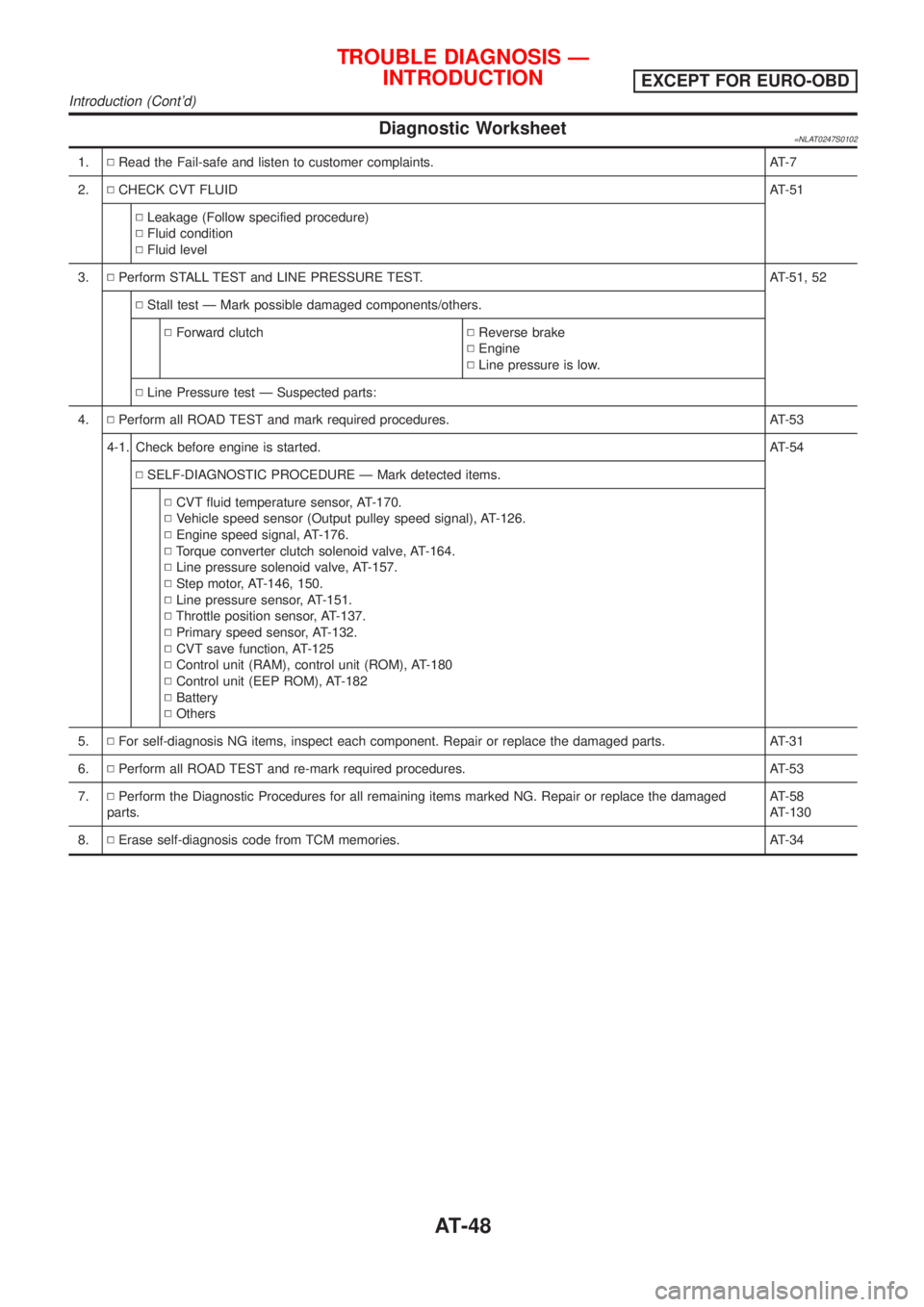 NISSAN ALMERA TINO 2001 Service Repair Manual Diagnostic Worksheet=NLAT0247S0102
1.NRead the Fail-safe and listen to customer complaints. AT-7
2.NCHECK CVT FLUIDAT-51
NLeakage (Follow specified procedure)
NFluid condition
NFluid level
3.NPerform NISSAN ALMERA TINO 2001 Service Repair Manual Diagnostic Worksheet=NLAT0247S0102
1.NRead the Fail-safe and listen to customer complaints. AT-7
2.NCHECK CVT FLUIDAT-51
NLeakage (Follow specified procedure)
NFluid condition
NFluid level
3.NPerform