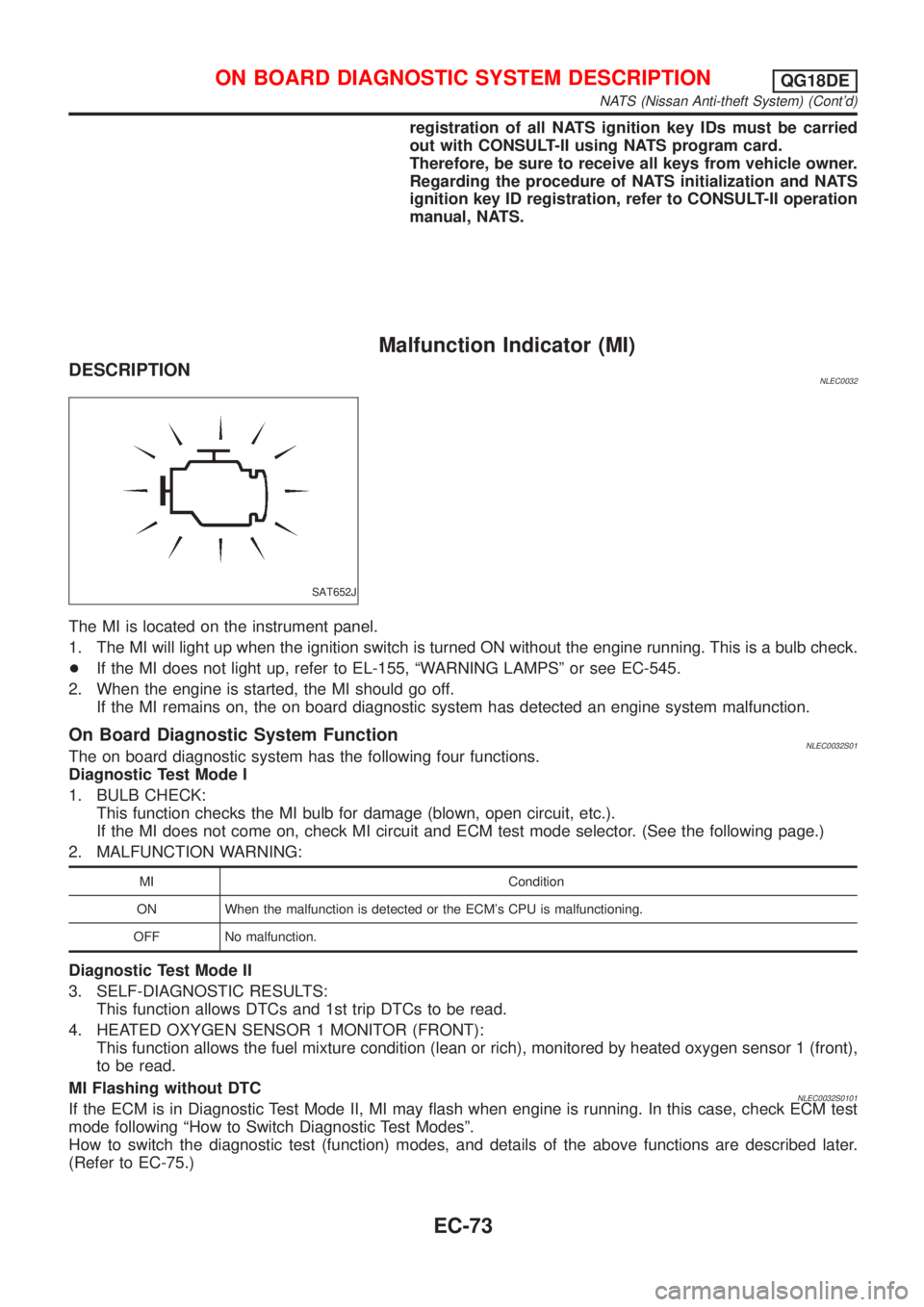 NISSAN ALMERA TINO 2001  Service Repair Manual registrationof al lN ATS ignitio nke yID smus tbe carried
SAT652J
MI   Condition
NATS (Nissan Anti-theft System) (Contd) 