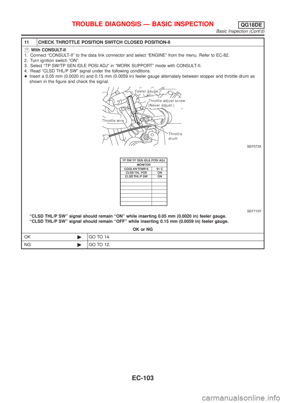 NISSAN ALMERA TINO 2001  Service Repair Manual 11 CHECK THROTTLE POSITION SWITCH CLOSED POSITION-II
With CONSULT-II
1. Connect ªCONSULT-IIº to the data link connector and select ªENGINEº from the menu. Refer to EC-82.
2. Turn ignition switch 