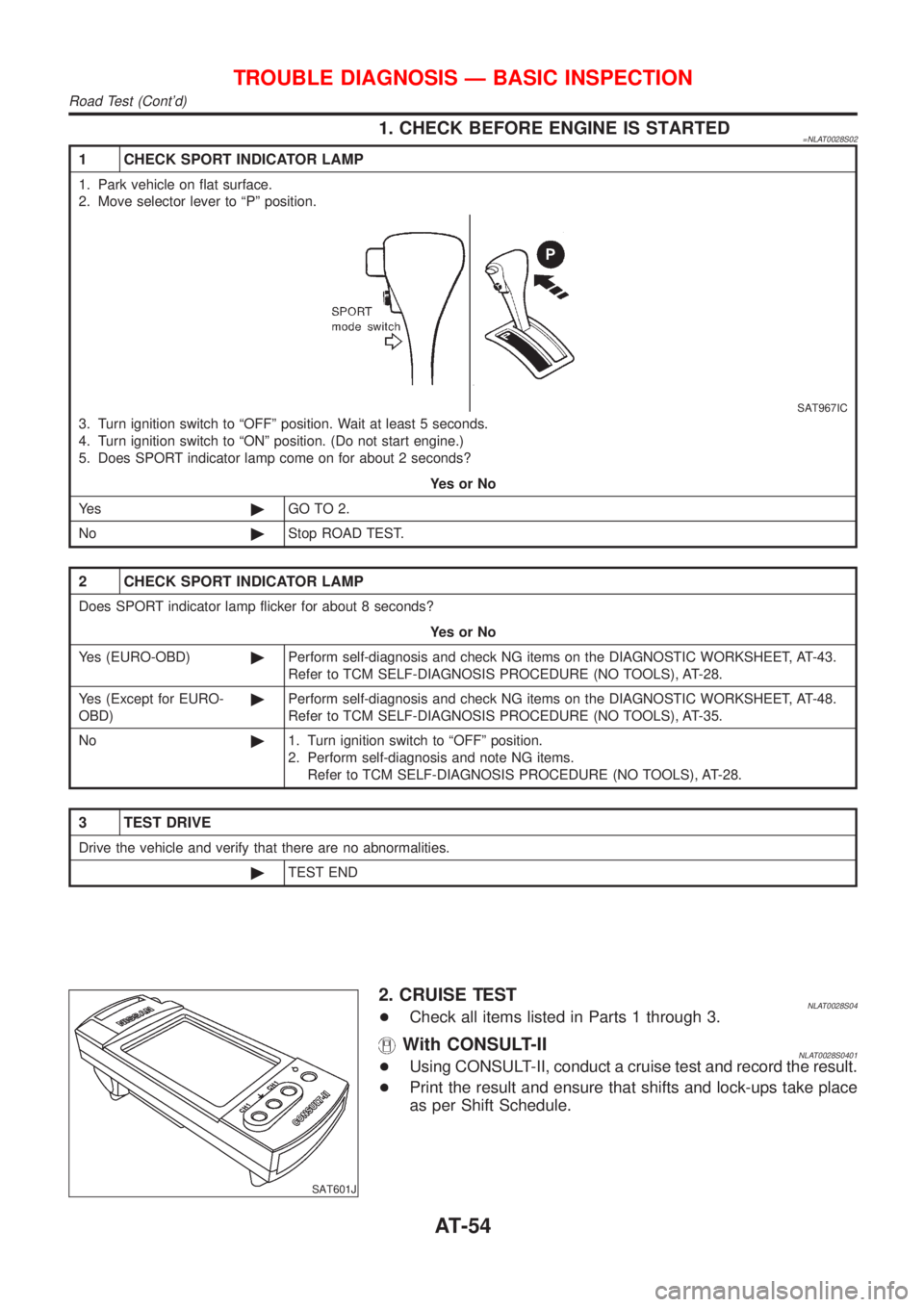 NISSAN ALMERA TINO 2001  Service Repair Manual 1. CHECK BEFORE ENGINE IS STARTED=NLAT0028S02
1 CHECK SPORT INDICATOR LAMP
1. Park vehicle on flat surface.
2. Move selector lever to ªPº position.
SAT967IC
3. Turn ignition switch to ªOFFº positi