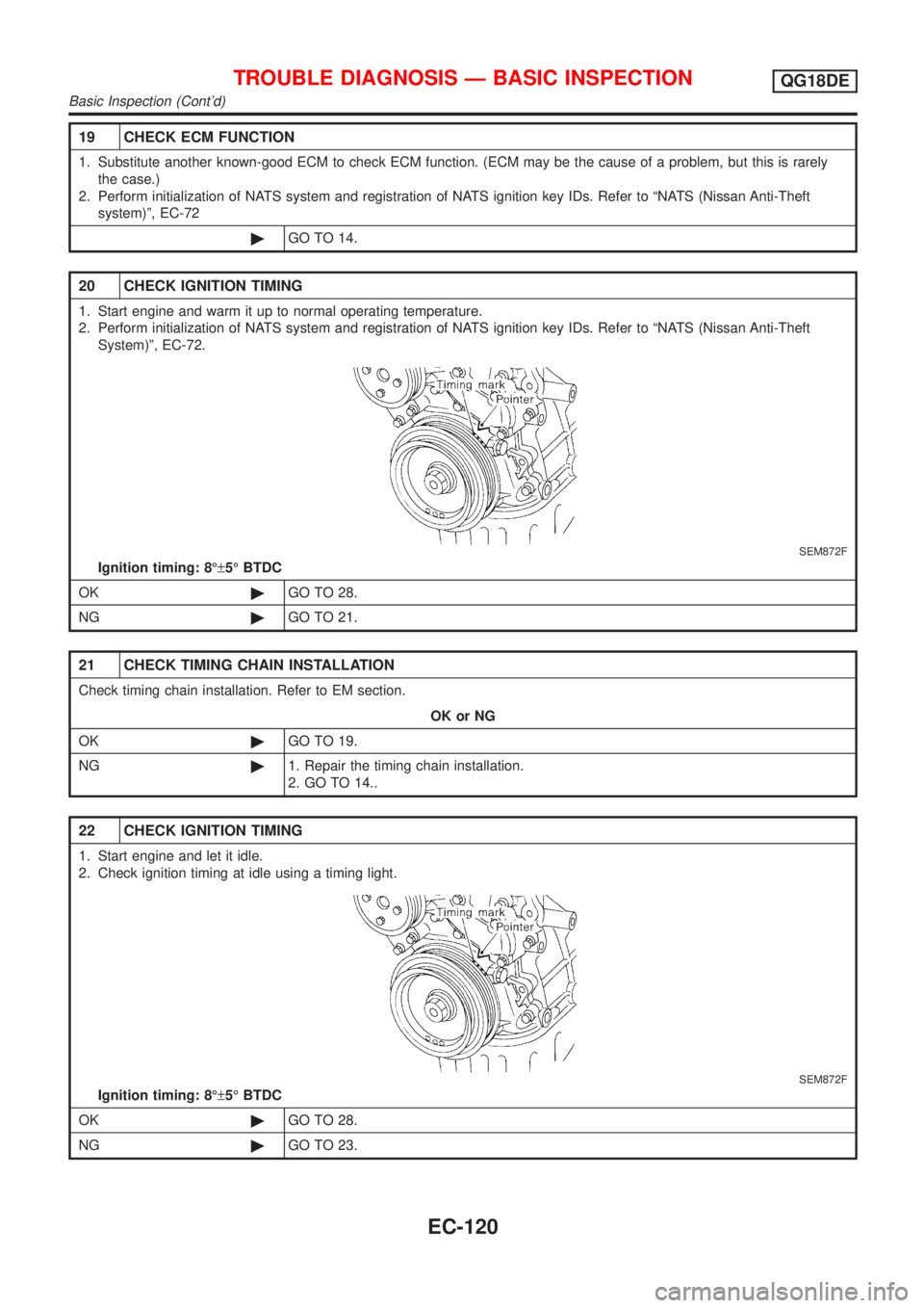 NISSAN ALMERA TINO 2001 Service Repair Manual 19 CHECK ECM FUNCTION
1. Substitute another known-good ECM to check ECM function. (ECM may be the cause of a problem, but this is rarely
the case.)
2. Perform initialization of NATS system and registr NISSAN ALMERA TINO 2001 Service Repair Manual 19 CHECK ECM FUNCTION
1. Substitute another known-good ECM to check ECM function. (ECM may be the cause of a problem, but this is rarely
the case.)
2. Perform initialization of NATS system and registr