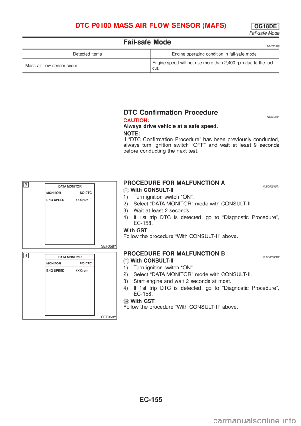 NISSAN ALMERA TINO 2001 Service Repair Manual Fail-safe ModeNLEC0589
Detected items Engine operating condition in fail-safe mode
Mass air flow sensor circuitEngine speed will not rise more than 2,400 rpm due to the fuel
cut.
DTC Confirmation Proc NISSAN ALMERA TINO 2001 Service Repair Manual Fail-safe ModeNLEC0589
Detected items Engine operating condition in fail-safe mode
Mass air flow sensor circuitEngine speed will not rise more than 2,400 rpm due to the fuel
cut.
DTC Confirmation Proc