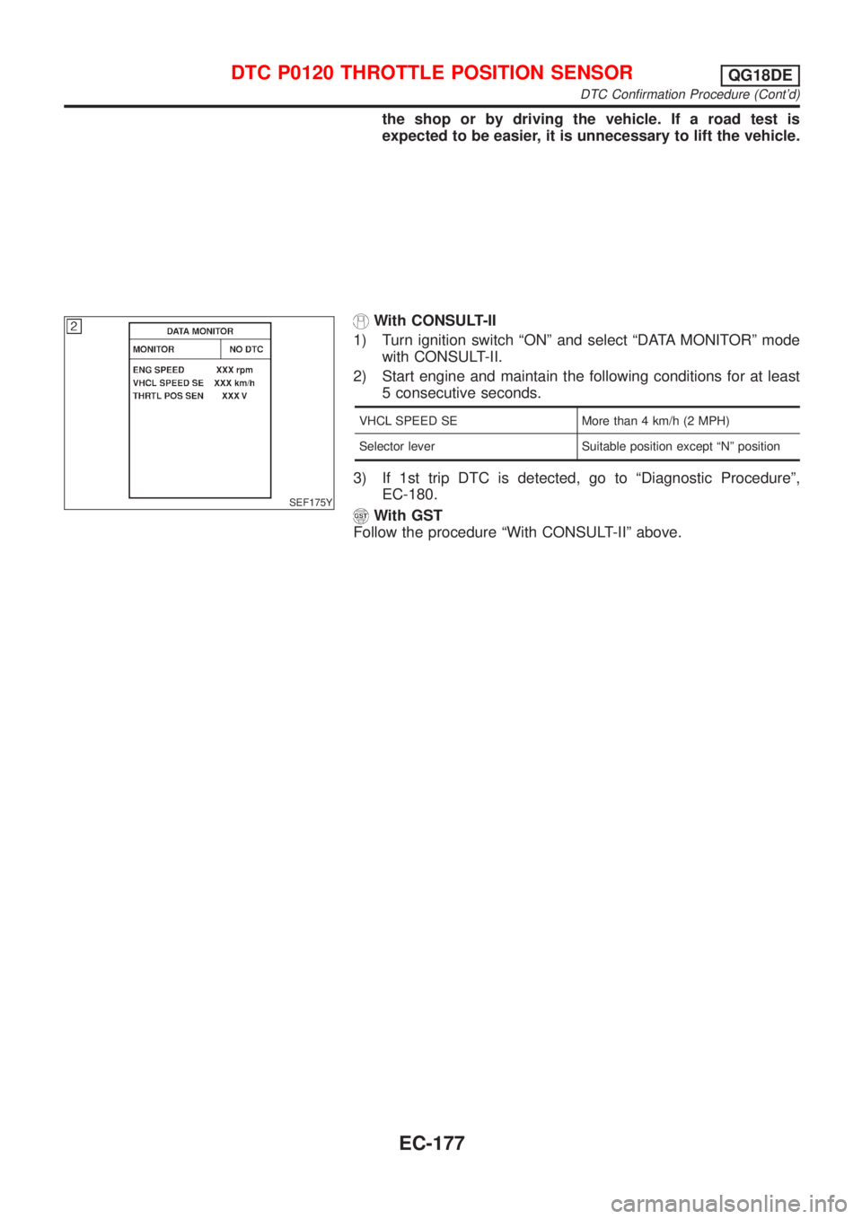 NISSAN ALMERA TINO 2001  Service Repair Manual the shop or by driving the vehicle. If a road test is
expected to be easier, it is unnecessary to lift the vehicle.
SEF175Y
With CONSULT-II
1) Turn ignition switch ªONº and select ªDATA MONITORº m
