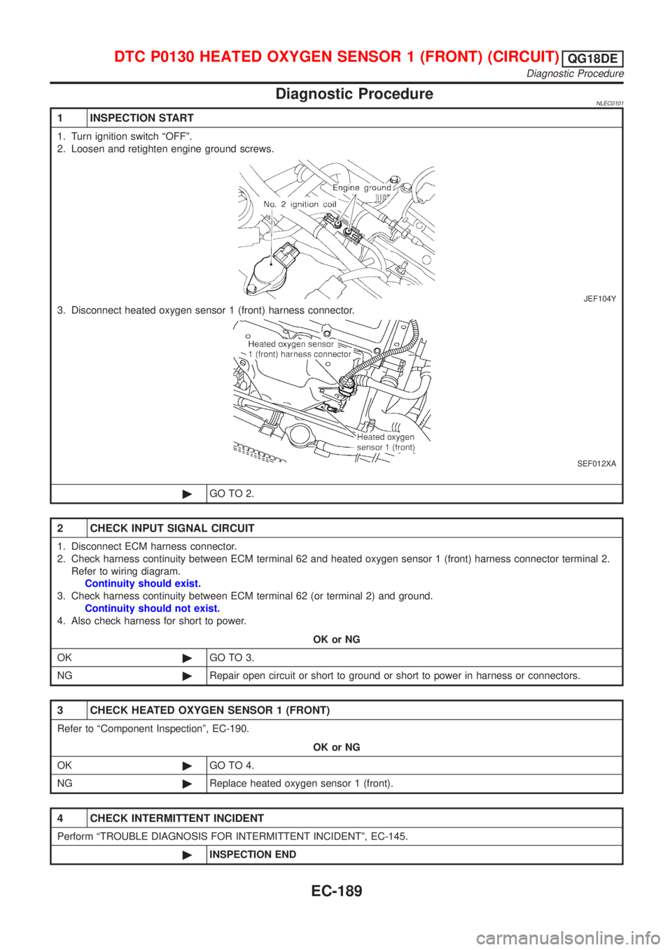 NISSAN ALMERA TINO 2001  Service Repair Manual Diagnostic ProcedureNLEC0101
1 INSPECTION START
1. Turn ignition switch ªOFFº.
2. Loosen and retighten engine ground screws.
JEF104Y
3. Disconnect heated oxygen sensor 1 (front) harness connector.
S