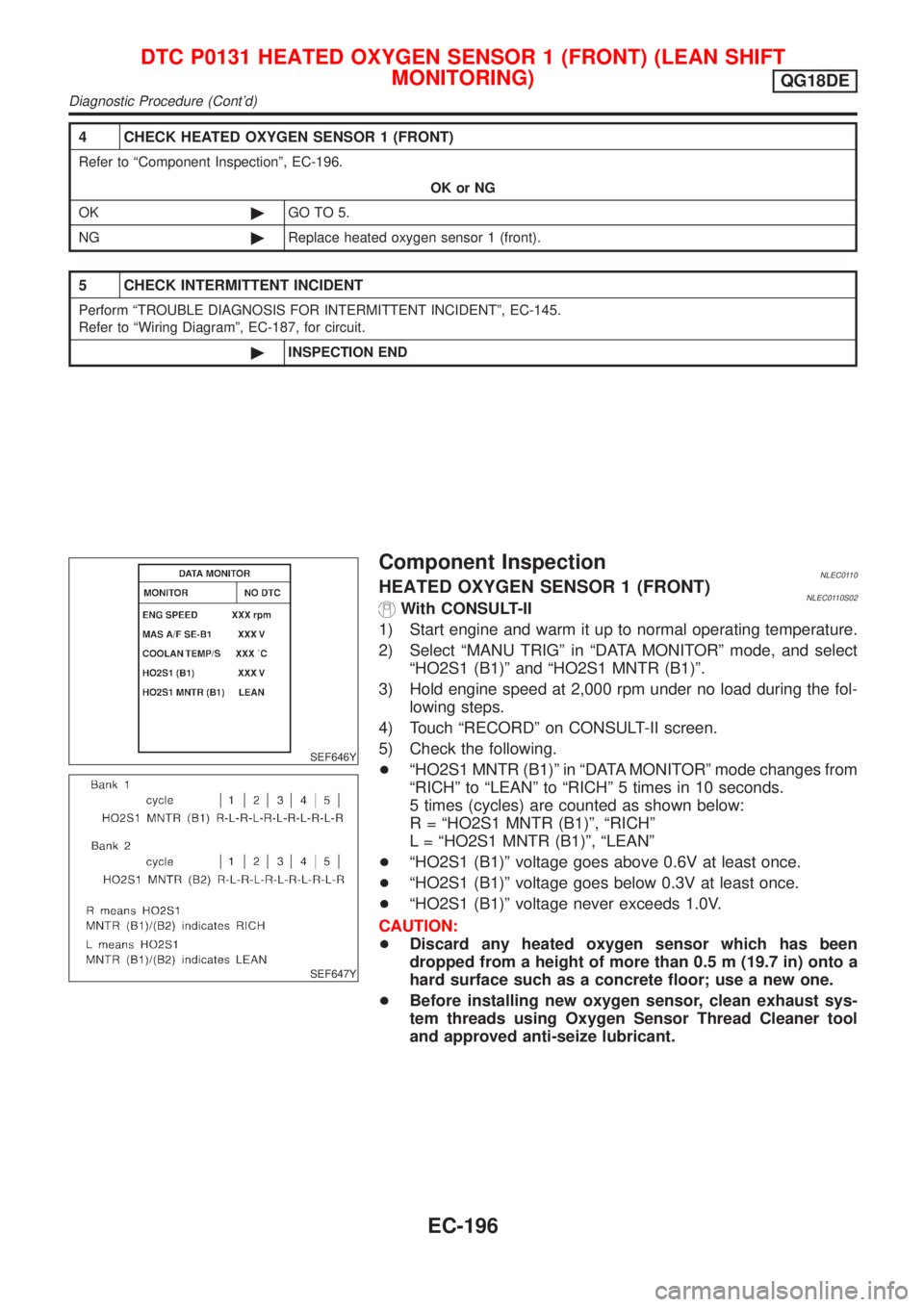 NISSAN ALMERA TINO 2001  Service Repair Manual 4 CHECK HEATED OXYGEN SENSOR 1 (FRONT)
Refer to ªComponent Inspectionº, EC-196.
OK or NG
OK©GO TO 5.
NG©Replace heated oxygen sensor 1 (front).
5 CHECK INTERMITTENT INCIDENT
Perform ªTROUBLE DIAG