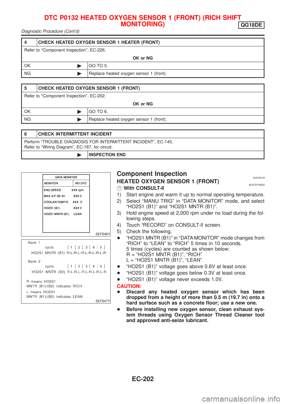 NISSAN ALMERA TINO 2001  Service Repair Manual 4 CHECK HEATED OXYGEN SENSOR 1 HEATER (FRONT)
Refer to ªComponent Inspectionº, EC-226.
OK or NG
OK©GO TO 5.
NG©Replace heated oxygen sensor 1 (front).
5 CHECK HEATED OXYGEN SENSOR 1 (FRONT)
Refer 