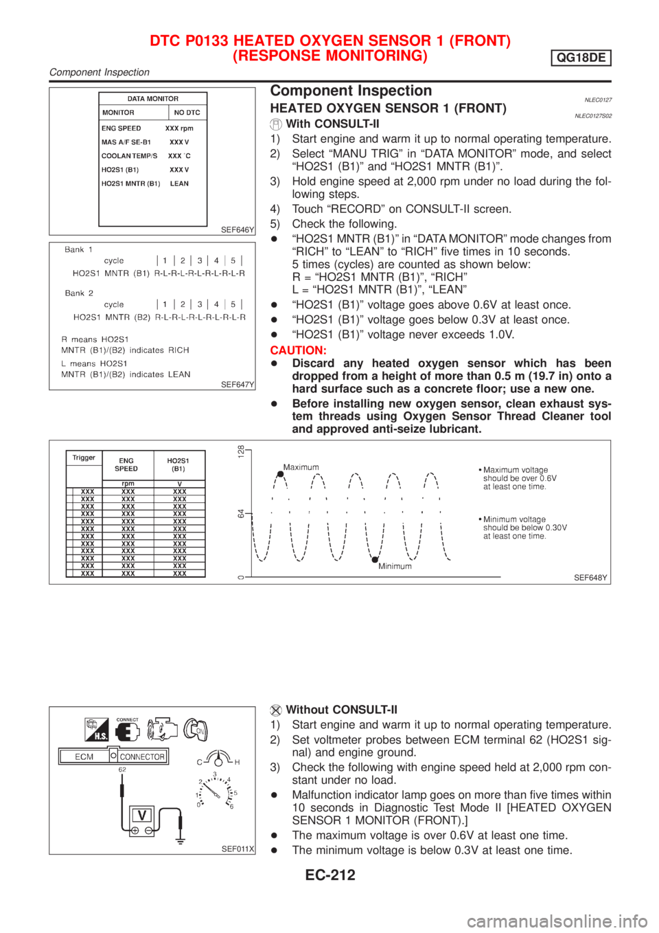 NISSAN ALMERA TINO 2001 Service Repair Manual SEF646Y
SEF647Y
Component InspectionNLEC0127HEATED OXYGEN SENSOR 1 (FRONT)NLEC0127S02With CONSULT-II
1) Start engine and warm it up to normal operating temperature.
2) Select ªMANU TRIGº in ªDATA M NISSAN ALMERA TINO 2001 Service Repair Manual SEF646Y
SEF647Y
Component InspectionNLEC0127HEATED OXYGEN SENSOR 1 (FRONT)NLEC0127S02With CONSULT-II
1) Start engine and warm it up to normal operating temperature.
2) Select ªMANU TRIGº in ªDATA M