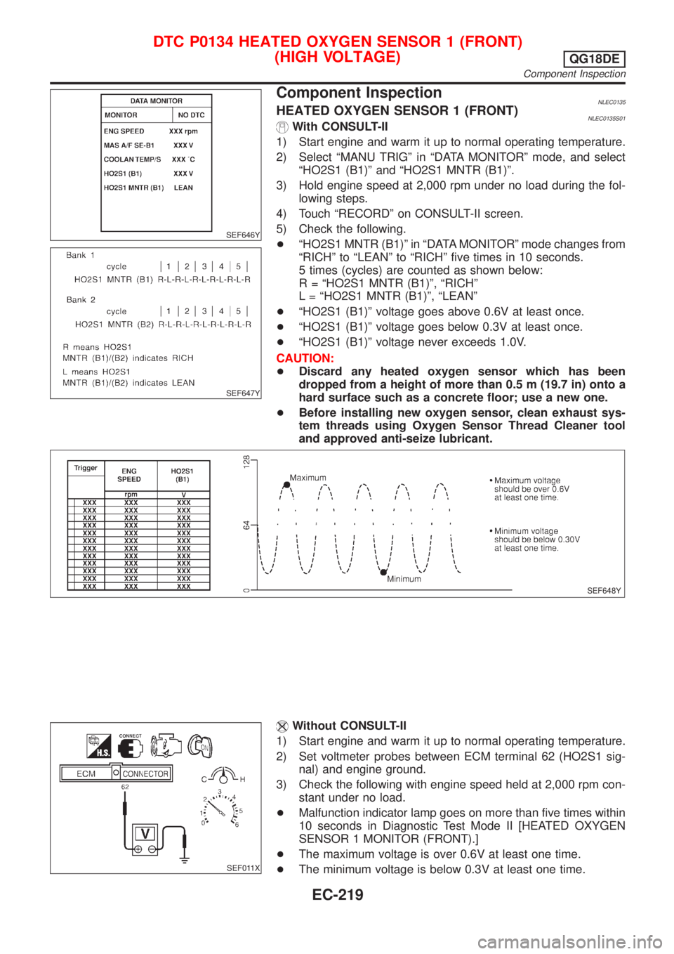 NISSAN ALMERA TINO 2001 Service Repair Manual SEF646Y
SEF647Y
Component InspectionNLEC0135HEATED OXYGEN SENSOR 1 (FRONT)NLEC0135S01With CONSULT-II
1) Start engine and warm it up to normal operating temperature.
2) Select ªMANU TRIGº in ªDATA M NISSAN ALMERA TINO 2001 Service Repair Manual SEF646Y
SEF647Y
Component InspectionNLEC0135HEATED OXYGEN SENSOR 1 (FRONT)NLEC0135S01With CONSULT-II
1) Start engine and warm it up to normal operating temperature.
2) Select ªMANU TRIGº in ªDATA M