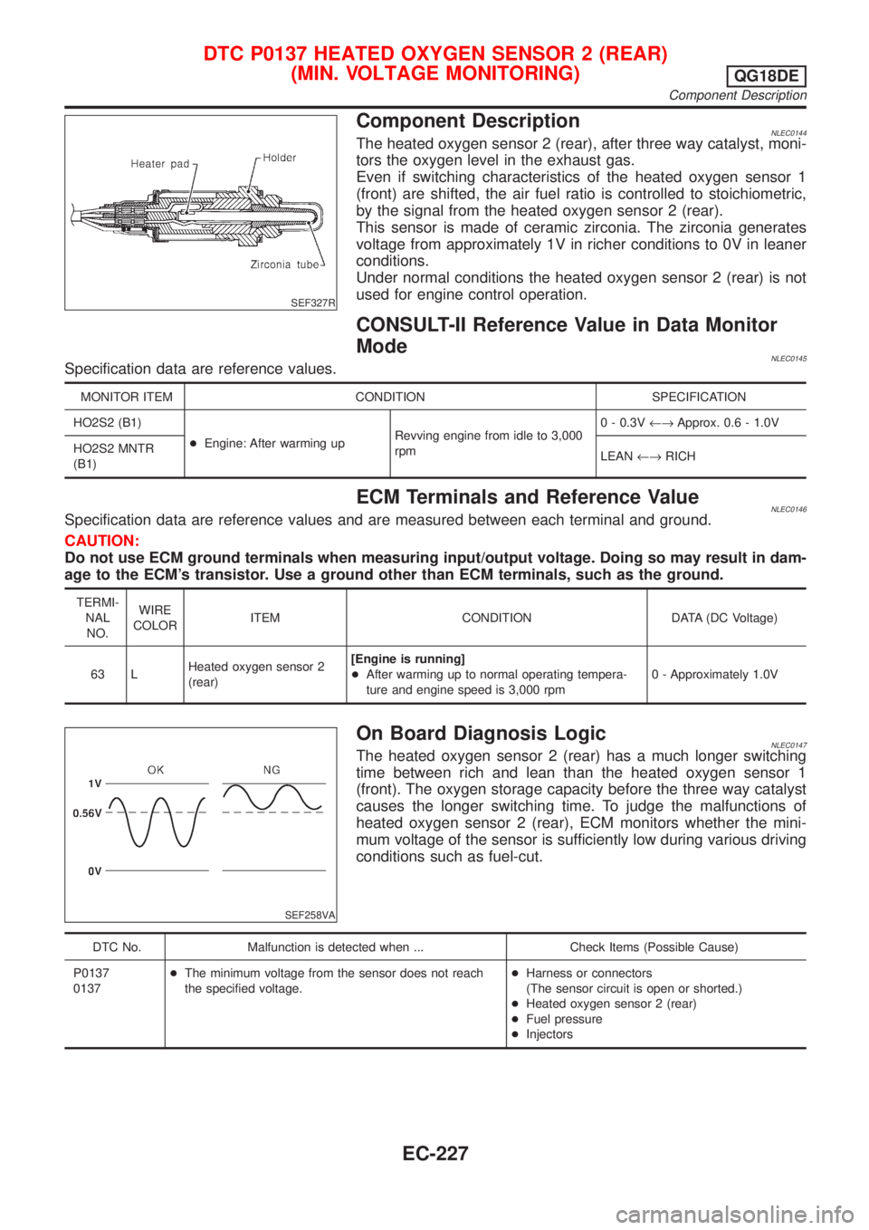 NISSAN ALMERA TINO 2001  Service Repair Manual SEF327R
Component DescriptionNLEC0144The heated oxygen sensor 2 (rear), after three way catalyst, moni-
tors the oxygen level in the exhaust gas.
Even if switching characteristics of the heated oxygen