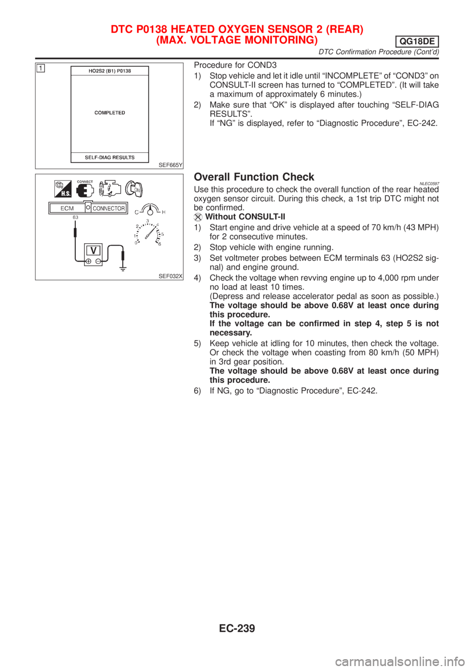 NISSAN ALMERA TINO 2001  Service Repair Manual SEF665Y
Procedure for COND3
1) Stop vehicle and let it idle until ªINCOMPLETEº of ªCOND3º on
CONSULT-II screen has turned to ªCOMPLETEDº. (It will take
a maximum of approximately 6 minutes.)
2) 