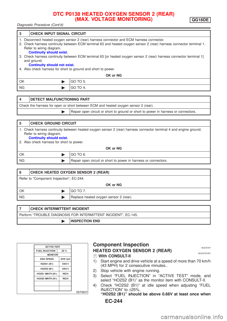 NISSAN ALMERA TINO 2001  Service Repair Manual 3 CHECK INPUT SIGNAL CIRCUIT
1. Disconnect heated oxygen sensor 2 (rear) harness connector and ECM harness connector.
2. Check harness continuity between ECM terminal 63 and heated oxygen sensor 2 (re