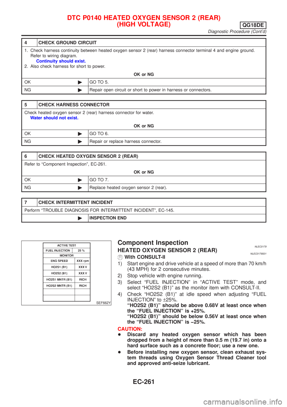 NISSAN ALMERA TINO 2001  Service Repair Manual 4 CHECK GROUND CIRCUIT
1. Check harness continuity between heated oxygen sensor 2 (rear) harness connector terminal 4 and engine ground.
Refer to wiring diagram.
Continuity should exist.
2. Also check