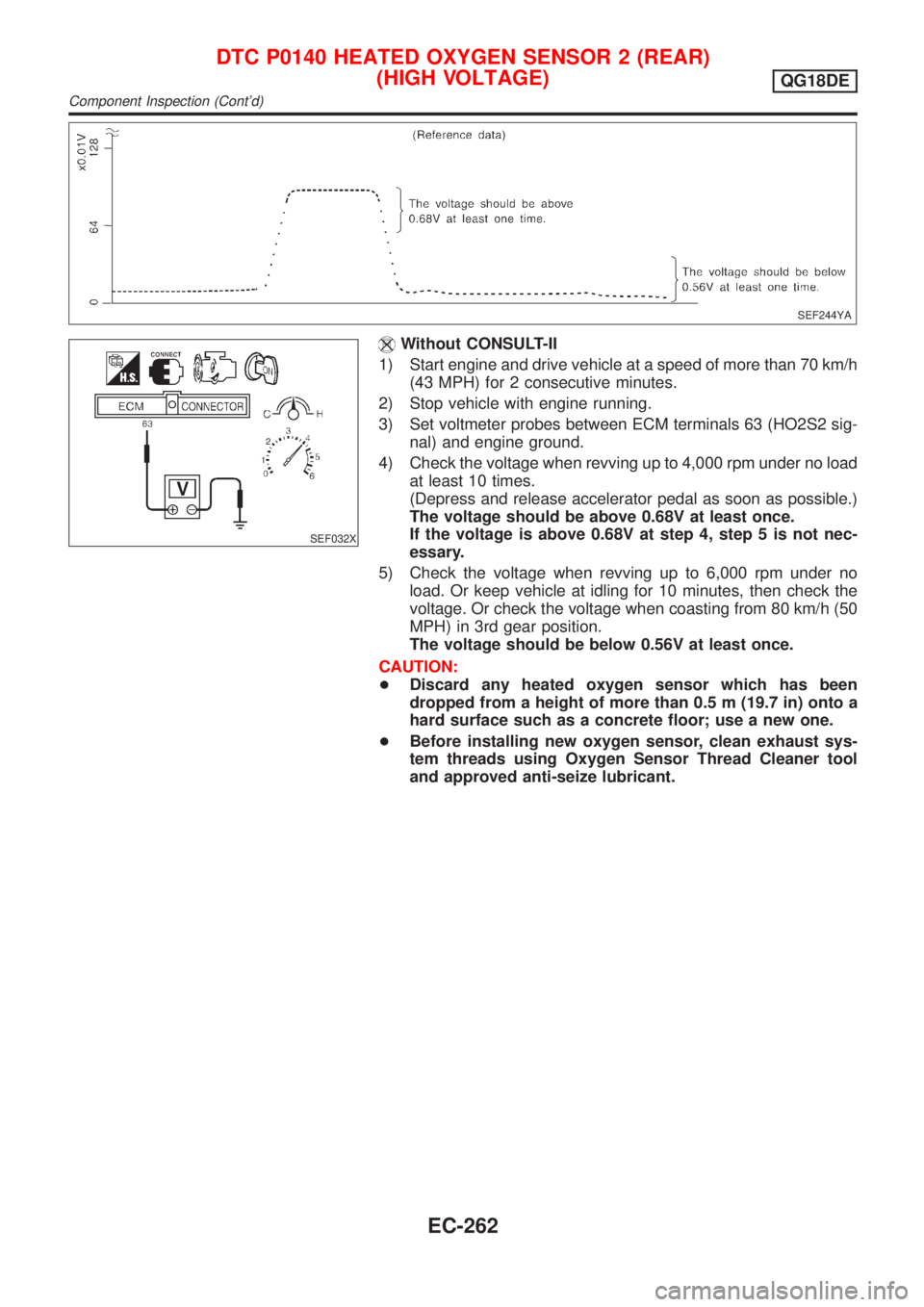 NISSAN ALMERA TINO 2001  Service Repair Manual SEF244YA
SEF032X
Without CONSULT-II
1) Start engine and drive vehicle at a speed of more than 70 km/h
(43 MPH) for 2 consecutive minutes.
2) Stop vehicle with engine running.
3) Set voltmeter probes b